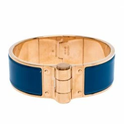 Hermes Blue Enamel Gold Plated Hinged Cuff Bracelet For Women