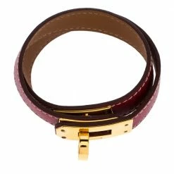 Hermes Kelly Double Tour Red Leather Gold Plated Wrap Bracelet For Women -Deals Hermes Store luxury women hermes used accessories p273163 002