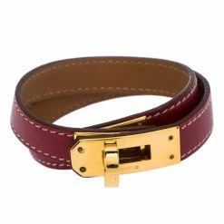 Hermes Kelly Double Tour Red Leather Gold Plated Wrap Bracelet For Women