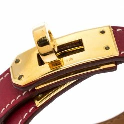 Hermes Kelly Double Tour Red Leather Gold Plated Wrap Bracelet For Women -Deals Hermes Store luxury women hermes used accessories p273163 006
