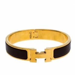 Hermes Clic H Brown Enamel Gold Plated Narrow Bracelet PM For Women