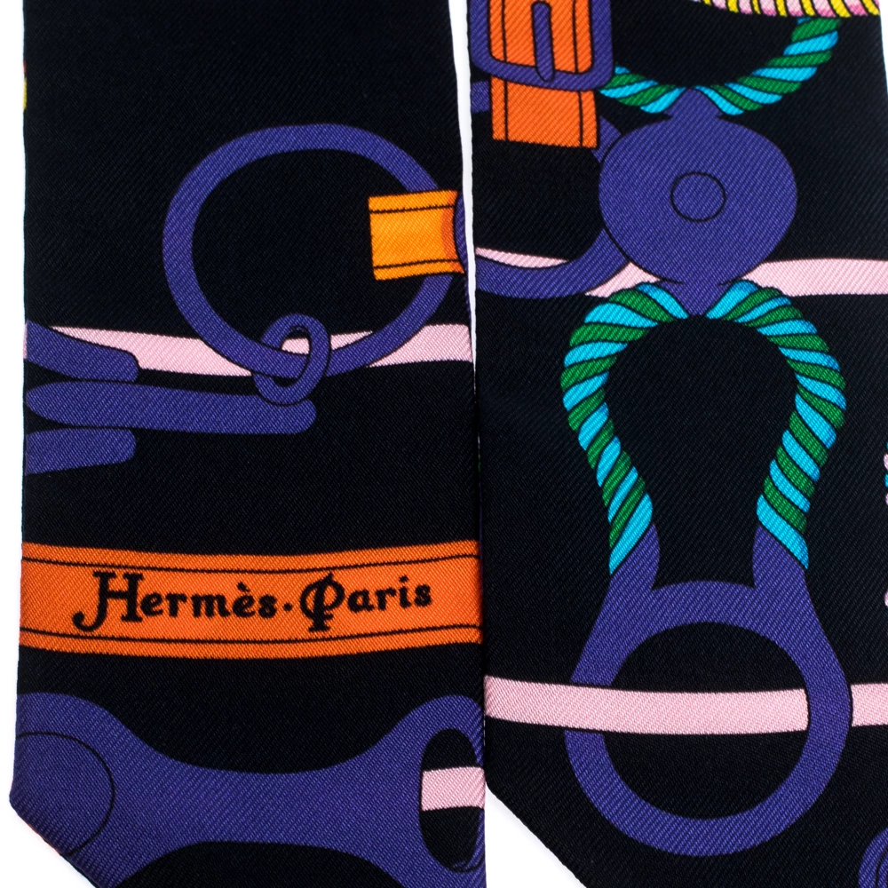 Hermes Black Panoplie Equestre Print Silk Twilly Scarf For Women 6 Hermes Black Panoplie Equestre Print Silk Twilly Scarf For Women - Image 4