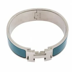 Hermes Hermès Clic Clac H Blue Enamel Palladium Plated Wide Bracelet GM For Women -Deals Hermes Store luxury women hermes used accessories p276380 002