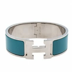 Hermes Hermès Clic Clac H Blue Enamel Palladium Plated Wide Bracelet GM For Women