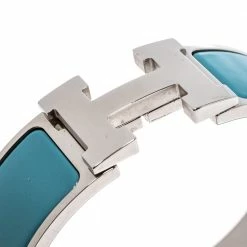 Hermes Hermès Clic Clac H Blue Enamel Palladium Plated Wide Bracelet GM For Women -Deals Hermes Store luxury women hermes used accessories p276380 007