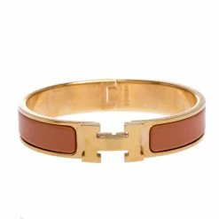 Hermes Clic H Peach Pink Enamel Gold Plated Narrow Bracelet PM For Women