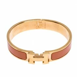 Hermes Clic H Peach Pink Enamel Gold Plated Narrow Bracelet PM For Women -Deals Hermes Store luxury women hermes used accessories p276876 003