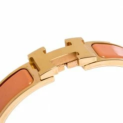 Hermes Clic H Peach Pink Enamel Gold Plated Narrow Bracelet PM For Women -Deals Hermes Store luxury women hermes used accessories p276876 007