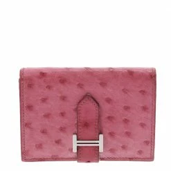 Hermes Pink Ostrich Leather Bearn Card Holder For Women