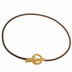 Hermes Glenan Brown Leather Gold Tone Toggle Choker Necklace For Women