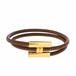 Hermes Tournis Tresse Brown Leather Gold Plated Wrap Bracelet For Women