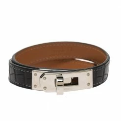 Hermes Kelly Double Tour Black Exotic Leather Palladium Plated Bracelet S For Women