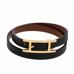 Hermes Behapi Black Leather Gold Plated Double Tour Reversible Bracelet M For Women