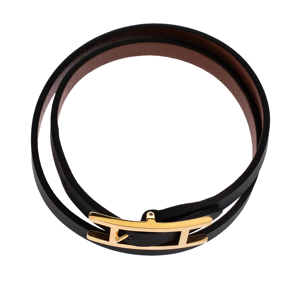 Hermes Behapi Black Leather Gold Plated Double Tour Reversible Bracelet M For Women 7 Hermes Behapi Black Leather Gold Plated Double Tour Reversible Bracelet M For Women - Image 5