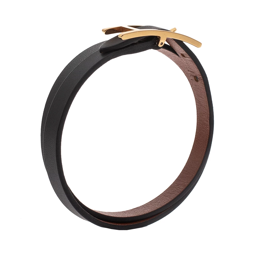 Hermes Behapi Black Leather Gold Plated Double Tour Reversible Bracelet M For Women 4 Hermes Behapi Black Leather Gold Plated Double Tour Reversible Bracelet M For Women - Image 2