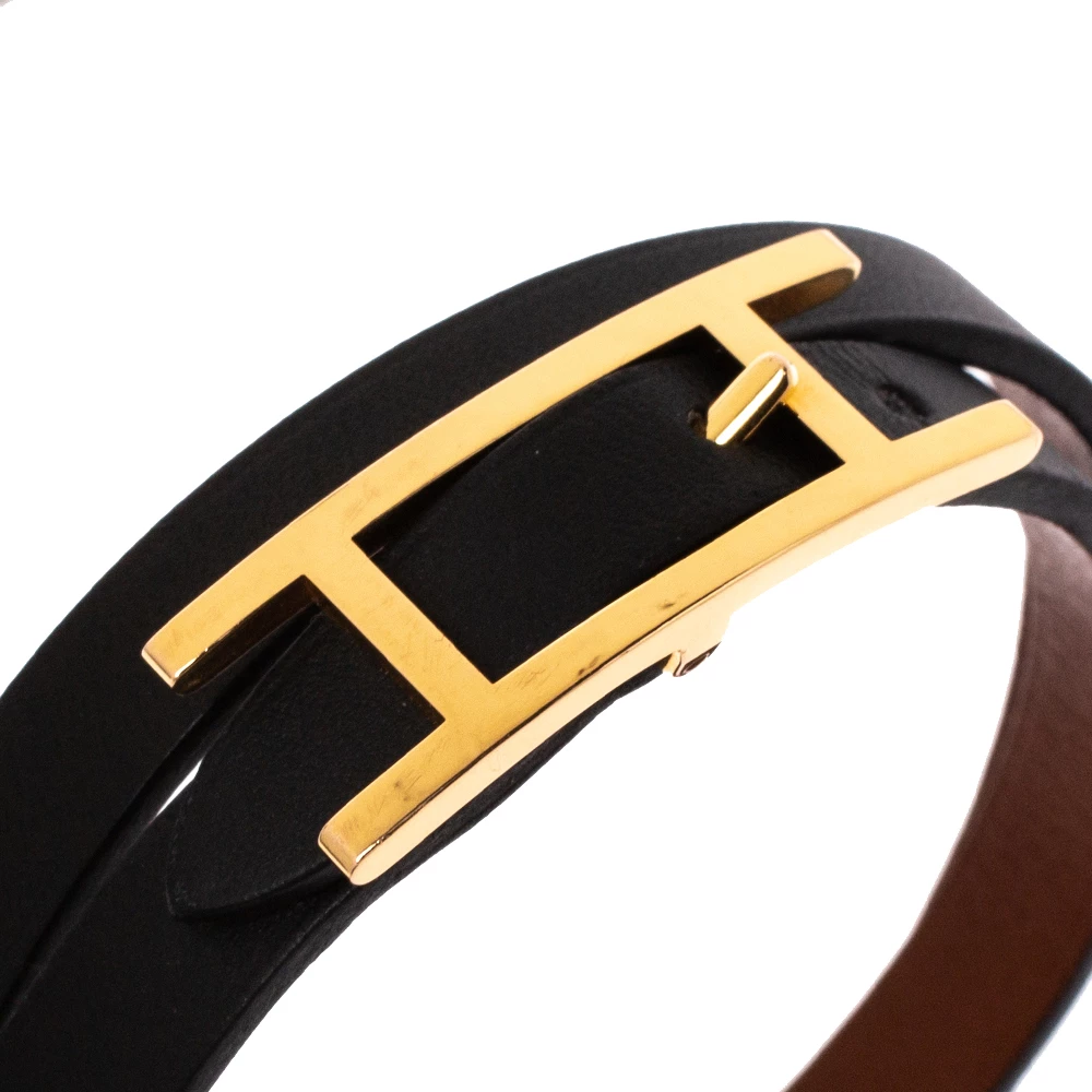 Hermes Behapi Black Leather Gold Plated Double Tour Reversible Bracelet M For Women 5 Hermes Behapi Black Leather Gold Plated Double Tour Reversible Bracelet M For Women - Image 3