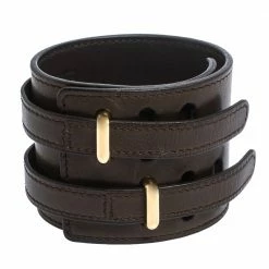 Hermes Brown Leather Gold Plated Wide Cuff Adjustable Bracelet For Women