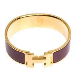 Hermes Clic Clac H Mauve Enamel Gold Plated Wide Bracelet GM For Women -Deals Hermes Store luxury women hermes used accessories p284641 004