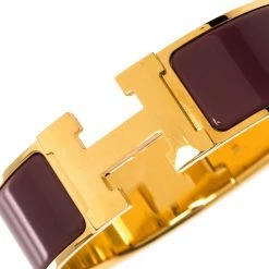 Hermes Clic Clac H Mauve Enamel Gold Plated Wide Bracelet GM For Women -Deals Hermes Store luxury women hermes used accessories p284641 006