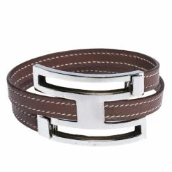 Hermes Pousse Pousse Leather Palladium Plated Adjustable H Bracelet For Women