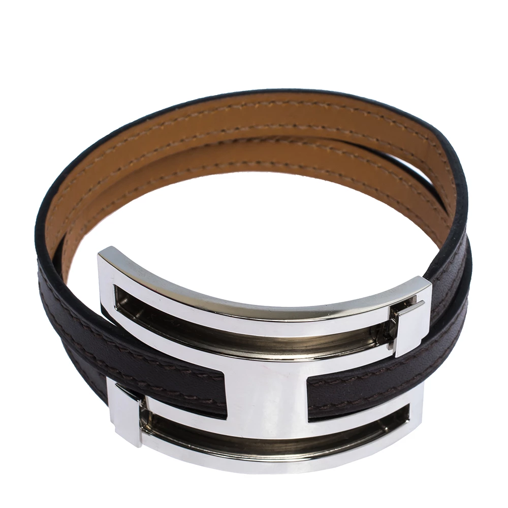 Hermes Pousse Pousse Brown Leather Palladium Plated Adjustable H Bracelet For Women 4 Hermes Pousse Pousse Brown Leather Palladium Plated Adjustable H Bracelet For Women - Image 2