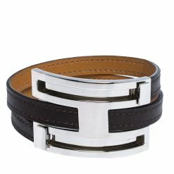 Hermes Pousse Pousse Brown Leather Palladium Plated Adjustable H Bracelet For Women