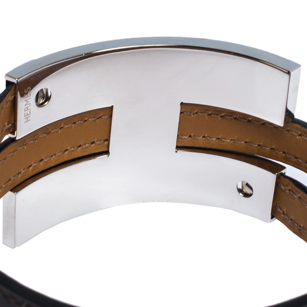 Hermes Pousse Pousse Brown Leather Palladium Plated Adjustable H Bracelet For Women 6 Hermes Pousse Pousse Brown Leather Palladium Plated Adjustable H Bracelet For Women - Image 4