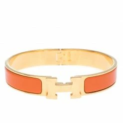 Hermes Clic H Orange Enamel Gold Plated Narrow Bracelet GM For Women