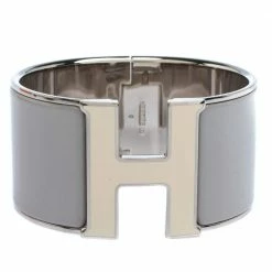 Hermes Hermès Clic Clac H Grey Enamel Palladium Plated Extra Wide Bracelet GM For Women