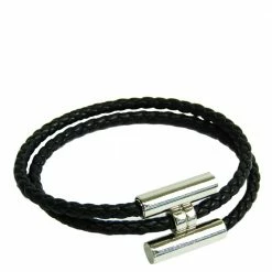 Hermes Turnis Braid Leather Black Silver Bracelet For Women