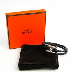 Hermes Turnis Braid Leather Black Silver Bracelet For Women -Deals Hermes Store luxury women hermes used accessories p294780 004