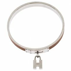 Hermes Kelly H Lock Cadena Charm Brown Leather Palladium Plated Bangle Bracelet For Women -Deals Hermes Store luxury women hermes used accessories p296823 001
