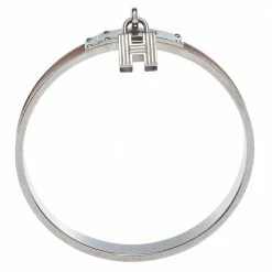 Hermes Kelly H Lock Cadena Charm Brown Leather Palladium Plated Bangle Bracelet For Women -Deals Hermes Store luxury women hermes used accessories p296823 003