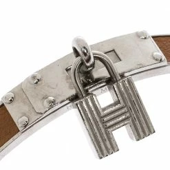 Hermes Kelly H Lock Cadena Charm Brown Leather Palladium Plated Bangle Bracelet For Women -Deals Hermes Store luxury women hermes used accessories p296823 005