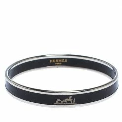 Hermes Caleche Black Enamel Palladium Plated Bangle Bracelet For Women