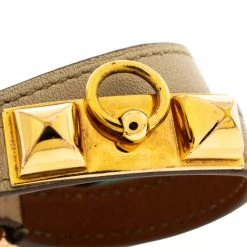 Hermes Hermès Rivale Double Tour White Leather Gold Plated Bracelet For Women -Deals Hermes Store luxury women hermes used accessories p301635 001