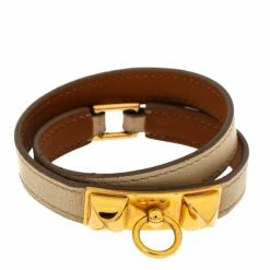 Hermes Hermès Rivale Double Tour White Leather Gold Plated Bracelet For Women