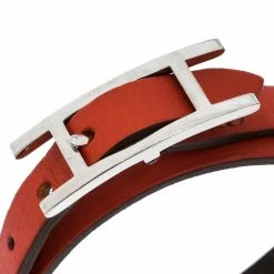 Hermes Hermès Hapi Dark Orange Leather Palladium Plated Wrap Bracelet M For Women -Deals Hermes Store luxury women hermes used accessories p302686 004