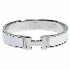 Hermes Clic H White Enamel Palladium Plated Narrow Bracelet PM For Women