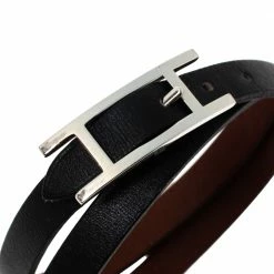 Hermes Hermès Hapi 3 MM Black Leather Palladium Plated Wrap Bracelet GM For Women -Deals Hermes Store luxury women hermes used accessories p303144 003
