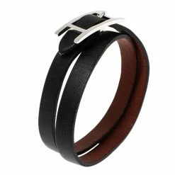 Hermes Hermès Hapi 3 MM Black Leather Palladium Plated Wrap Bracelet GM For Women -Deals Hermes Store luxury women hermes used accessories p303144 004