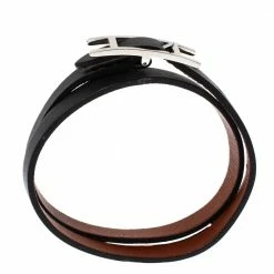 Hermes Hermès Hapi 3 MM Black Leather Palladium Plated Wrap Bracelet GM For Women -Deals Hermes Store luxury women hermes used accessories p303144 005