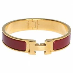Hermes Clic H Rouge Enamel Gold Plated Narrow Bracelet PM For Women