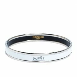 Hermes Caleche White Enamel Palladium Plated Narrow Bangle Bracelet For Women