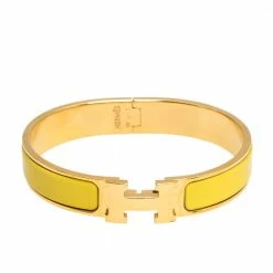 Hermes Hermès Clic H Yellow Enamel Gold Plated Narrow Bracelet GM For Women