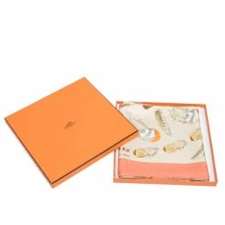 Hermes Coral & Beige Plumes II Print Silk Scarf For Women -Deals Hermes Store luxury women hermes used accessories p313260 002