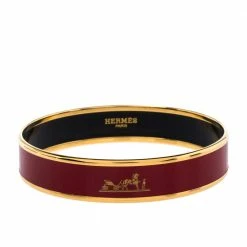 Hermes Caleche Red Enamel Gold Plated Bangle Bracelet For Women