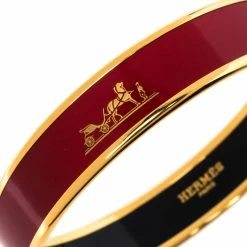Hermes Caleche Red Enamel Gold Plated Bangle Bracelet For Women -Deals Hermes Store luxury women hermes used accessories p320259 007