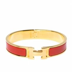 Hermes Clic H Rouge Corail Enamel Gold Plated Narrow Bracelet PM For Women