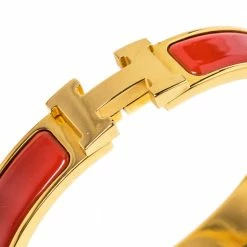 Hermes Clic H Rouge Corail Enamel Gold Plated Narrow Bracelet PM For Women -Deals Hermes Store luxury women hermes used accessories p320718 006